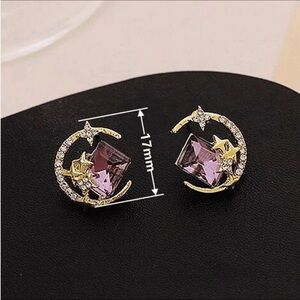 10k Gold Crescent Moon Radiant Cut Amethyst Stone and Star Post Back Earrings